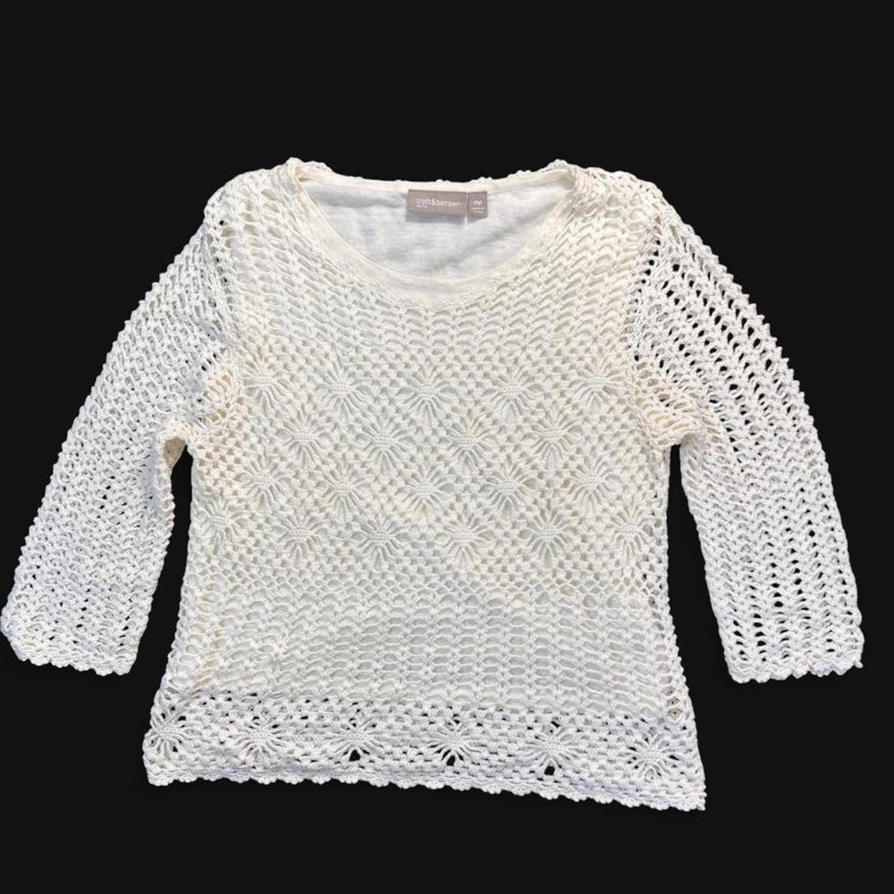 Croft & Barrow Petite Crochet Open Knit Ivory Sweater Coastal Boho Romantic